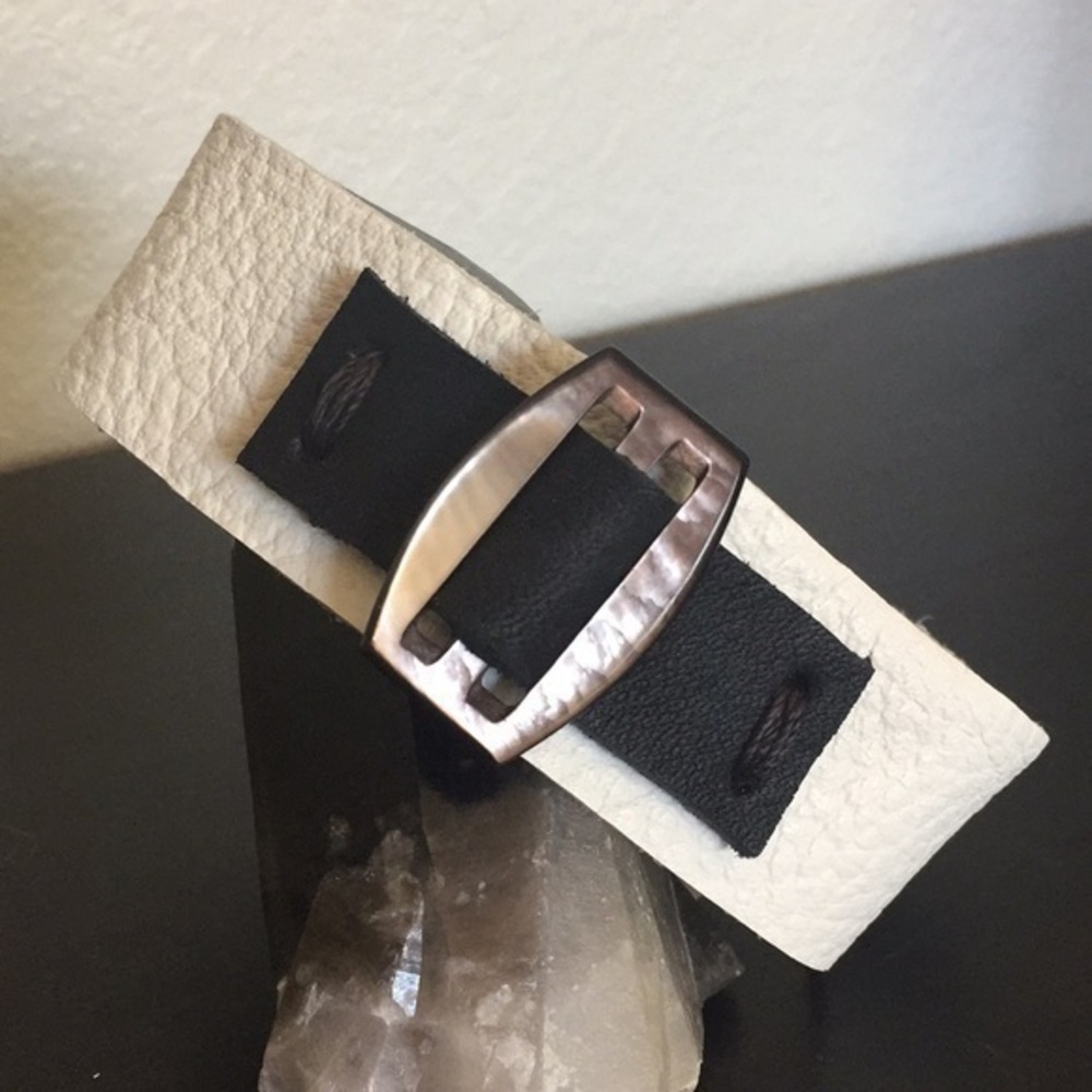 $49 SALE Handmade Black White Leather Buckle Cuff Bracelet Boho Men Women Unisex